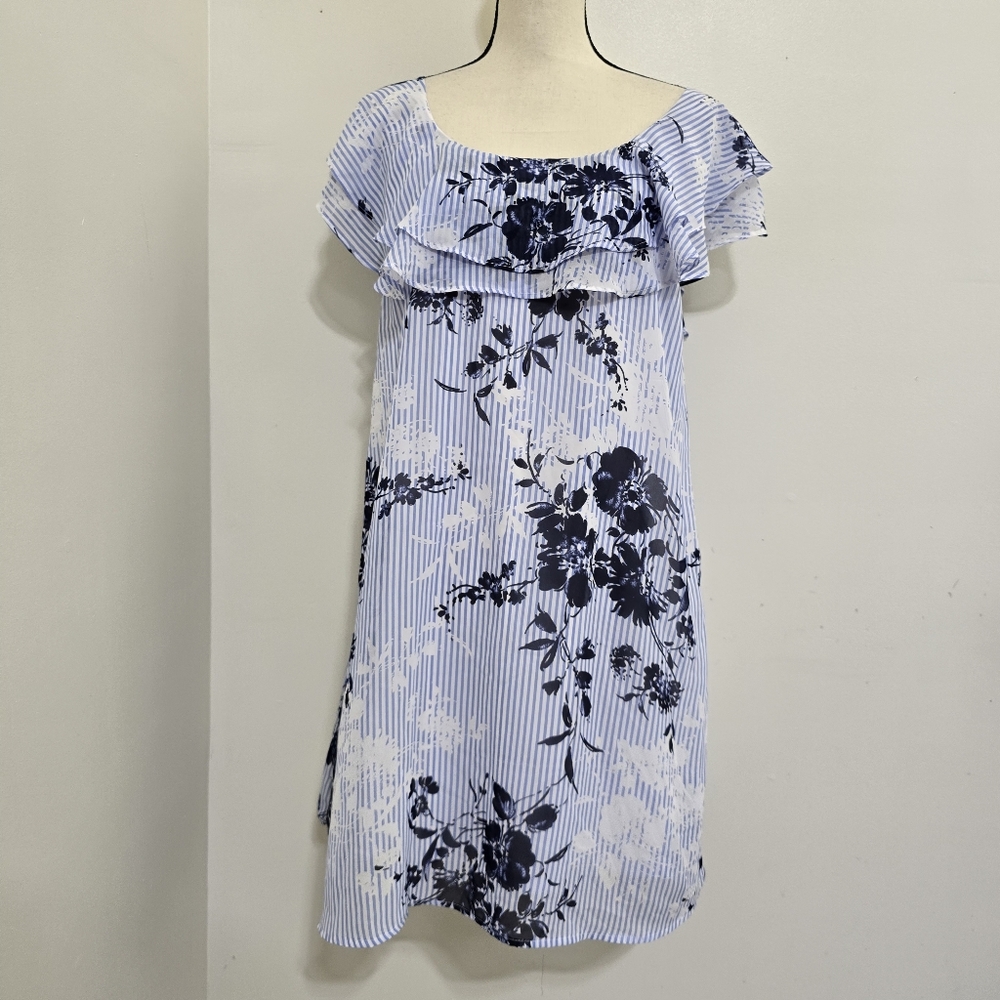 HARLOW & ROSE size Small Floral Striped Ruffle Scoop Neck Dress Lined Blue White